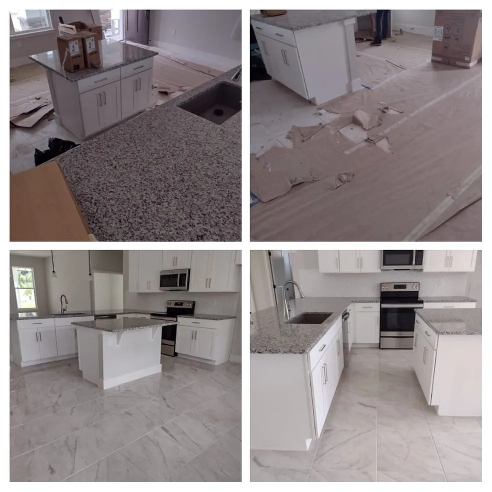 A1 Cleaning before and after — a new-construction kitchen taken from dusty to move-in ready