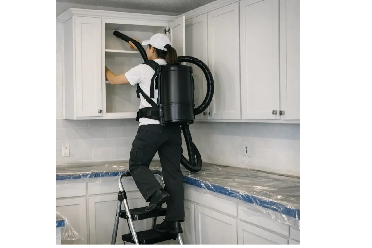 A1 Cleaning team member deep cleaning kitchen cabinets