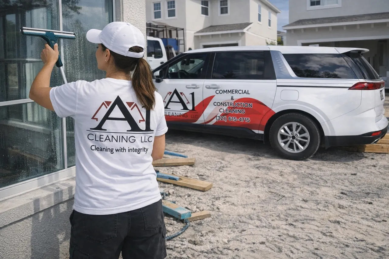 A1 Cleaning detailing a window on a job site